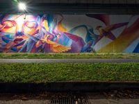 a man in the air painting on a wall by grass, near a highway and bridge