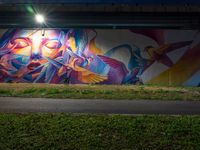 a man in the air painting on a wall by grass, near a highway and bridge