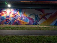 a man in the air painting on a wall by grass, near a highway and bridge