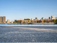 the man is riding his bike near the city with buildings in the background and a lake behind him