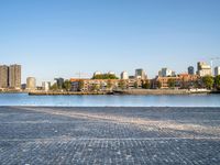 the man is riding his bike near the city with buildings in the background and a lake behind him