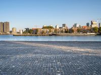 the man is riding his bike near the city with buildings in the background and a lake behind him