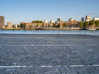 the man is riding his bike near the city with buildings in the background and a lake behind him