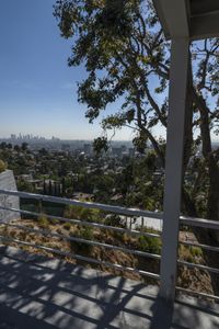 the man is on his skateboard over an elevated walkway with view of the city and park beyond