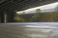 a man on a skateboard riding through an empty park underneath an overpass with trees