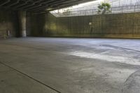 a man on a skateboard riding through an empty park underneath an overpass with trees