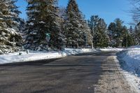 a man skiing down a road on a bright sunny day in a park area with snow