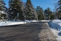 a man skiing down a road on a bright sunny day in a park area with snow