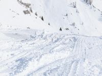a man riding a snowboard down the side of a ski slope while holding onto a pole