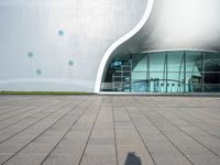 a man in shorts is standing on the walkway with a skateboard, in front of the modern building with large windows