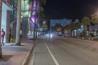 a man stands on a city street with palm trees on both sides of the road