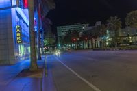 a man stands on a city street with palm trees on both sides of the road