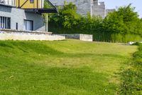 a man standing in a yard with an umbrella on top of a green field next to a building