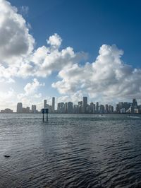 a man is standing on a beach in the ocean and looking down at a skyline