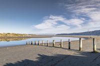 a man walking along the shore of a river next to wooden poles that have been washed