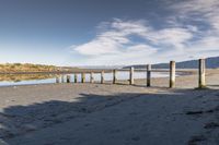 a man walking along the shore of a river next to wooden poles that have been washed