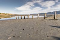 a man walking along the shore of a river next to wooden poles that have been washed