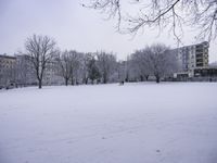 a man is walking through the snow in a large open field with lots of trees