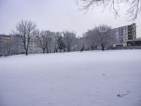 a man is walking through the snow in a large open field with lots of trees