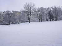 a man is walking through the snow in a large open field with lots of trees