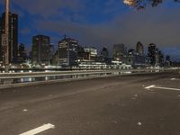 an empty road on a city street near the water at night, with streetlights glowing down