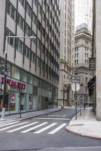 a quiet city street in the heart of a big city in the united states with tall buildings and many signs