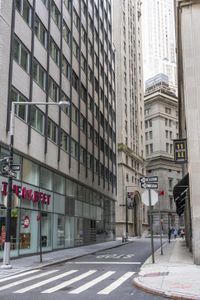 a quiet city street in the heart of a big city in the united states with tall buildings and many signs