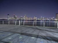 a night view of the city skyline from across the river of an empty sidewalk with a railing overlooking it