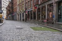 the cobblestone street in front of stores along a city side walk with people walking by