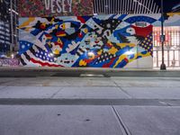 a mural on the side of a building with a city background and an empty street