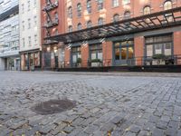 a red fire hydrant sitting in the middle of a brick street and next to tall buildings