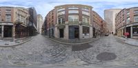 an oval fisheye lens with the streets in the foreground visible and buildings in the back ground