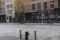 a sidewalk that has some stone pavement on it with two poles next to a black fire hydrant