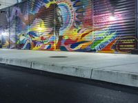 a person jumping a skateboard over a skate board stand in front of a graffiti covered wall