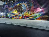 a person jumping a skateboard over a skate board stand in front of a graffiti covered wall