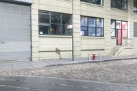 a fire hydrant on the sidewalk of a small street, in front of a building with a roller gate