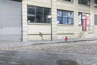 a fire hydrant on the sidewalk of a small street, in front of a building with a roller gate
