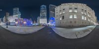 two 3d fisheye pictures showing the different streets around the city at night time one of them is empty