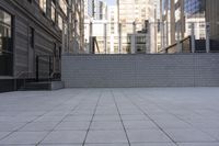 a sidewalk with no people on it between tall buildings and stairs on each side of it