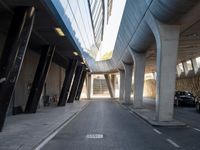 a long walkway in an empty area with parked cars parked along the road and people on bikes