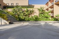 an open courtyard with a water feature and many palm trees beside the swimming area in a hotel building