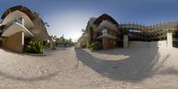 three circular photos of a building on the beach and a surf board in the yard