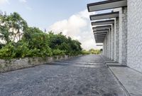 the walkway in this building has black and white stones on it's side and is made to look like a cobble stone pavement