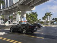 two cars are parked in a parking lot near an overpasse with a bridge and palm trees