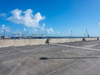 an empty parking lot with many empty vehicles parked in it in front of a wall with seagulls