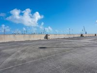 an empty parking lot with many empty vehicles parked in it in front of a wall with seagulls