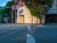 a crosswalk next to a business with buildings in the background at dusk on the city street