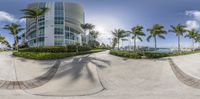 a panorama lens view of a building near a lake, with palm trees in the front