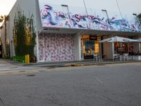 a skateboarder riding down a road past a store front with murals on the building