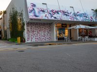 a skateboarder riding down a road past a store front with murals on the building